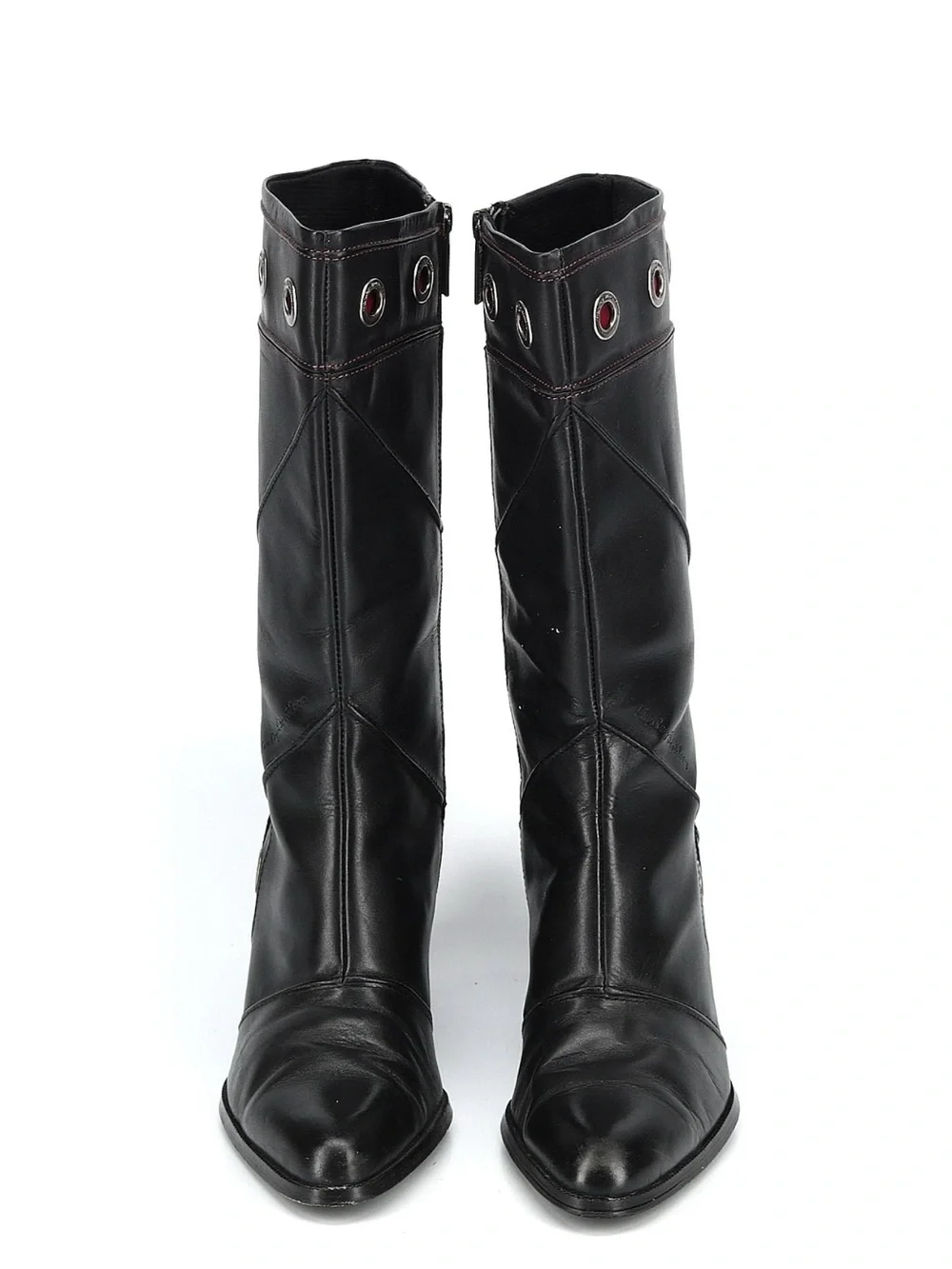 Harley-Davidson Black Leather Mid-Calf Boots with Red Eyelet Details